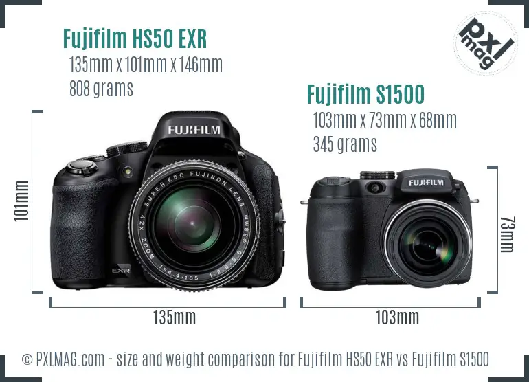 Fujifilm HS50 EXR vs Fujifilm S1500 size comparison