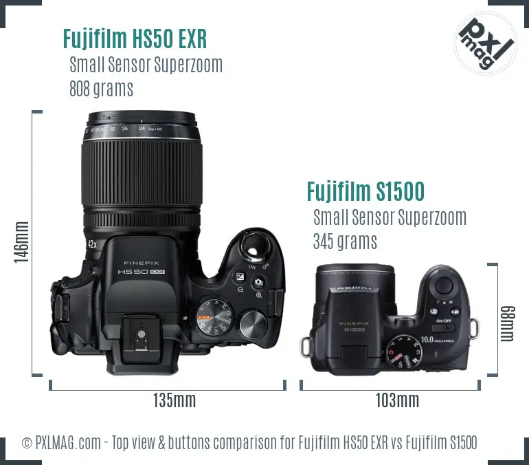 Fujifilm HS50 EXR vs Fujifilm S1500 top view buttons comparison
