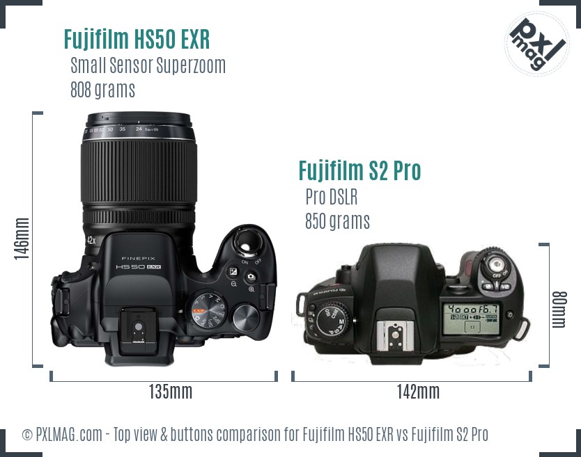 Fujifilm HS50 EXR vs Fujifilm S2 Pro top view buttons comparison