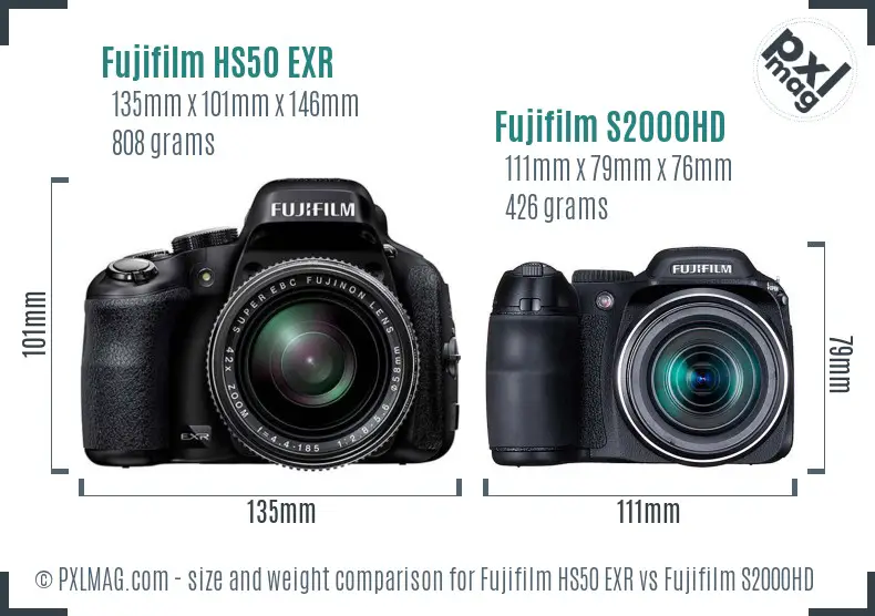 Fujifilm HS50 EXR vs Fujifilm S2000HD size comparison