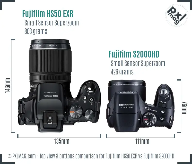 Fujifilm HS50 EXR vs Fujifilm S2000HD top view buttons comparison