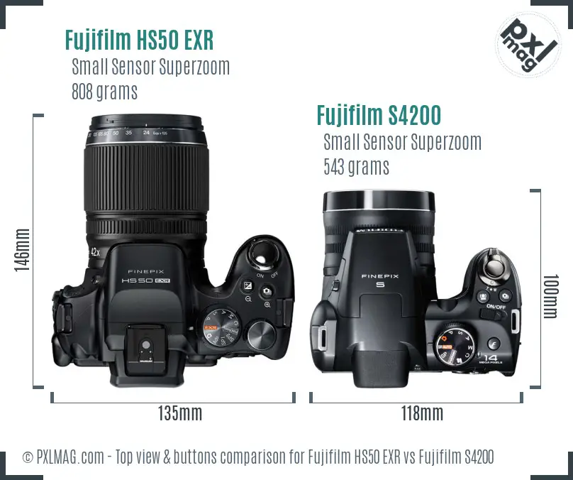 Fujifilm HS50 EXR vs Fujifilm S4200 top view buttons comparison