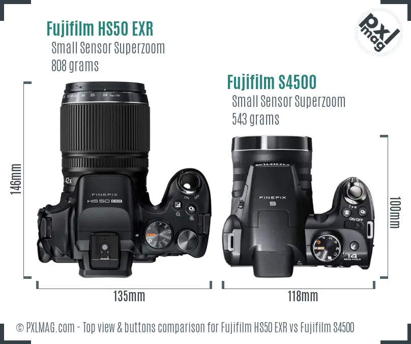 Fujifilm HS50 EXR vs Fujifilm S4500 top view buttons comparison