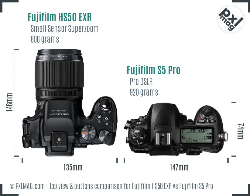 Fujifilm HS50 EXR vs Fujifilm S5 Pro top view buttons comparison Fujifilm HS50 EXR vs Fujifilm S5 Pro top view buttons comparison