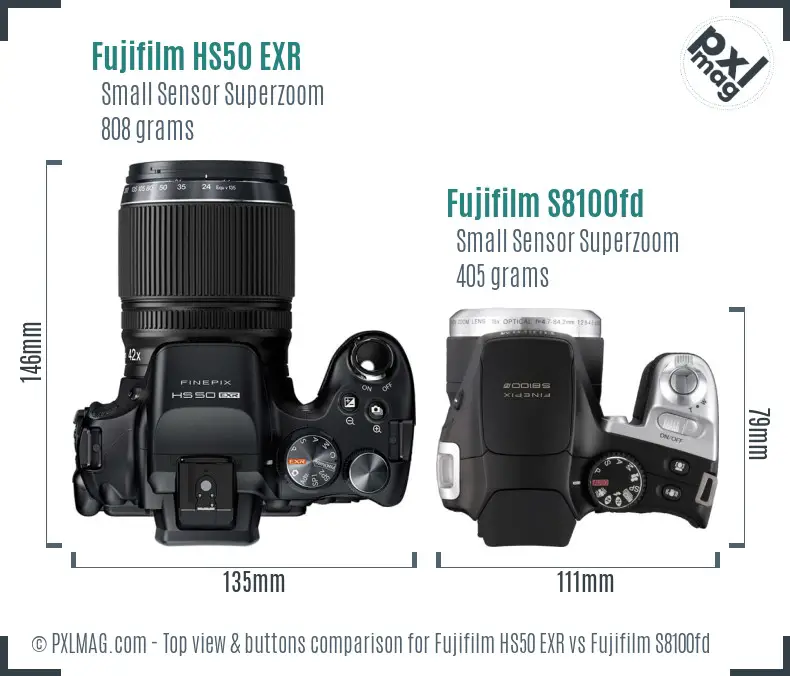 Fujifilm HS50 EXR vs Fujifilm S8100fd top view buttons comparison