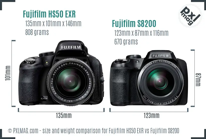 Fujifilm HS50 EXR vs Fujifilm S8200 size comparison