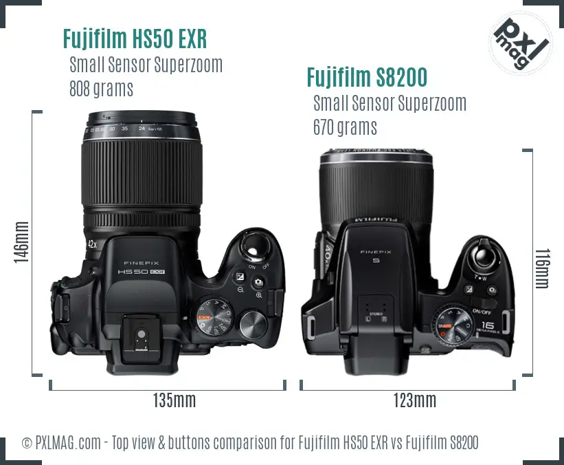 Fujifilm HS50 EXR vs Fujifilm S8200 top view buttons comparison