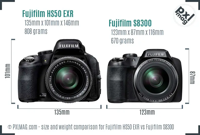 Fujifilm HS50 EXR vs Fujifilm S8300 size comparison