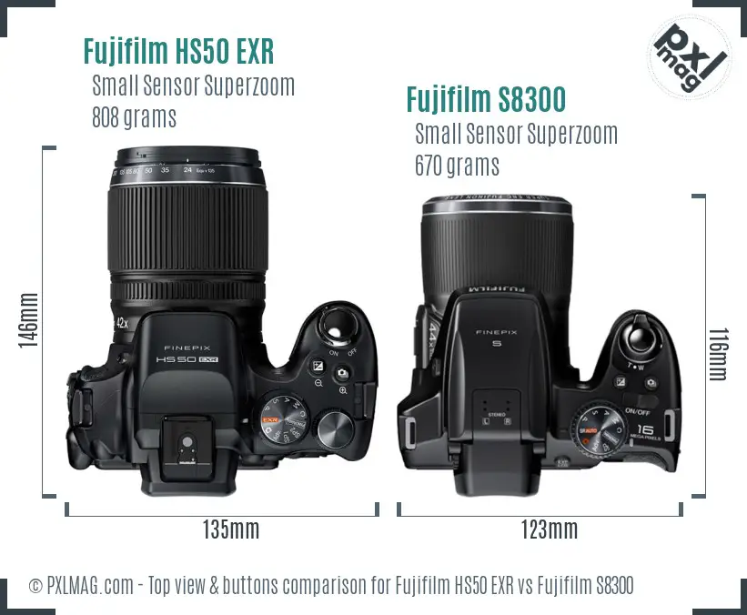 Fujifilm HS50 EXR vs Fujifilm S8300 top view buttons comparison