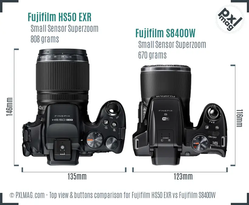 Fujifilm HS50 EXR vs Fujifilm S8400W top view buttons comparison