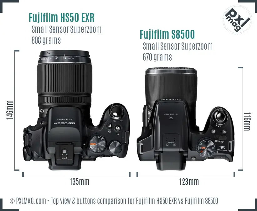 Fujifilm HS50 EXR vs Fujifilm S8500 top view buttons comparison