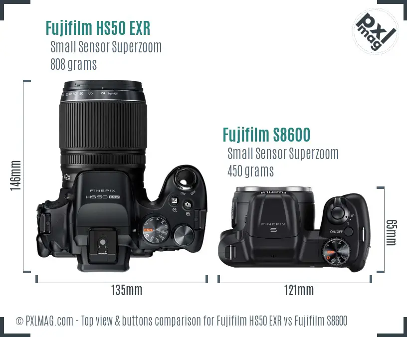 Fujifilm HS50 EXR vs Fujifilm S8600 top view buttons comparison
