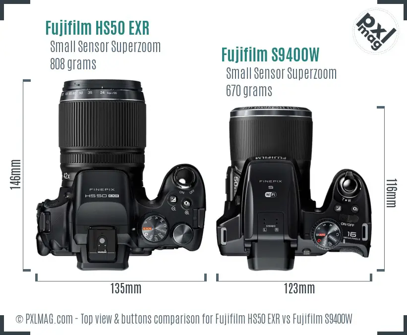Fujifilm HS50 EXR vs Fujifilm S9400W top view buttons comparison