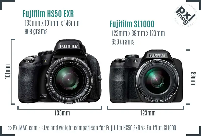 Fujifilm HS50 EXR vs Fujifilm SL1000 size comparison
