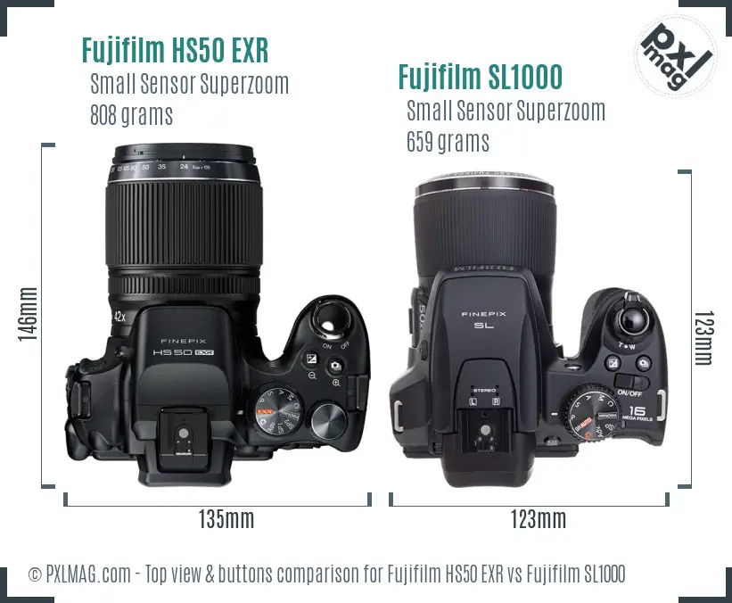 Fujifilm HS50 EXR vs Fujifilm SL1000 top view buttons comparison