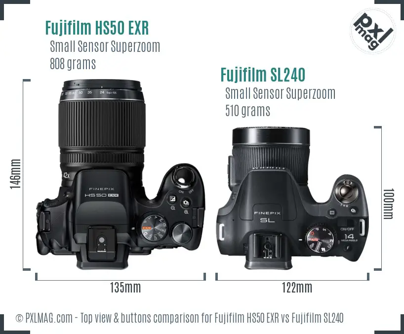 Fujifilm HS50 EXR vs Fujifilm SL240 top view buttons comparison