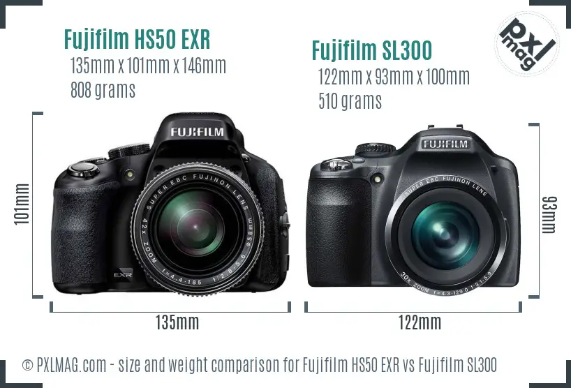 Fujifilm HS50 EXR vs Fujifilm SL300 size comparison