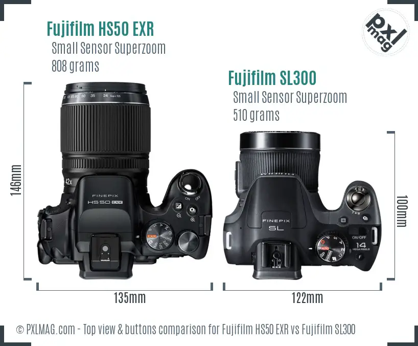 Fujifilm HS50 EXR vs Fujifilm SL300 top view buttons comparison