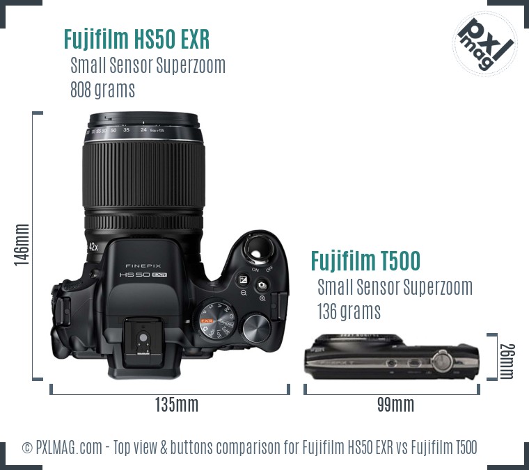 Fujifilm HS50 EXR vs Fujifilm T500 top view buttons comparison