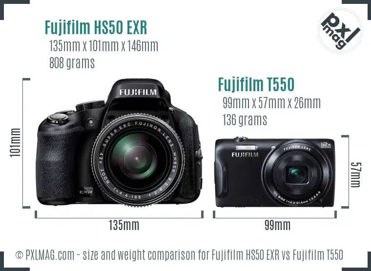 Fujifilm HS50 EXR vs Fujifilm T550 size comparison Fujifilm HS50 EXR vs Fujifilm T550 size comparison