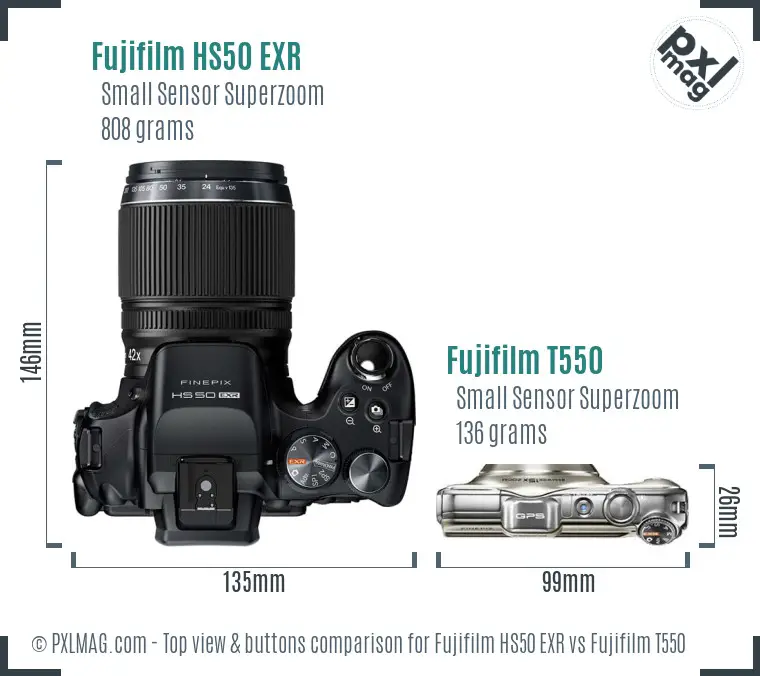 Fujifilm HS50 EXR vs Fujifilm T550 top view buttons comparison Fujifilm HS50 EXR vs Fujifilm T550 top view buttons comparison
