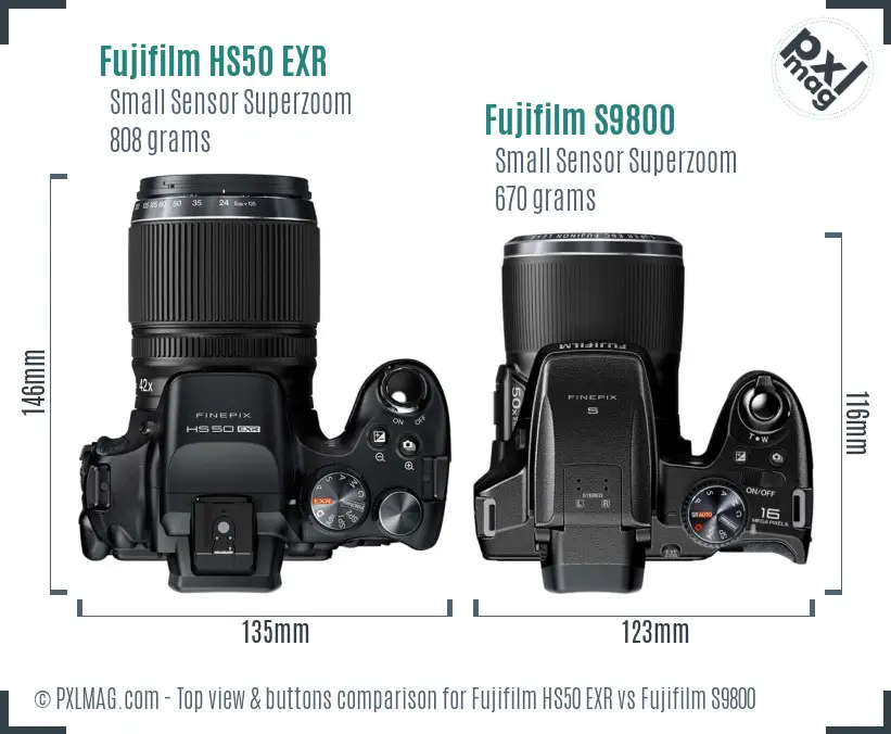Fujifilm HS50 EXR vs Fujifilm S9800 top view buttons comparison