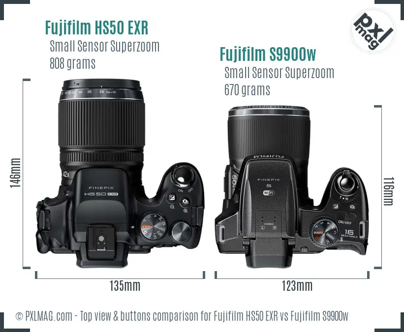 Fujifilm HS50 EXR vs Fujifilm S9900w top view buttons comparison