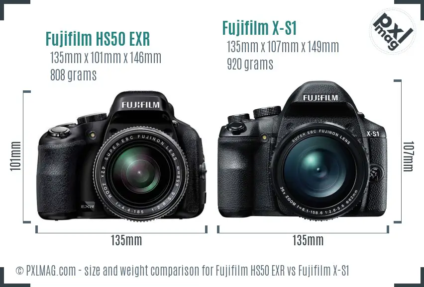 Fujifilm HS50 EXR vs Fujifilm X-S1 size comparison