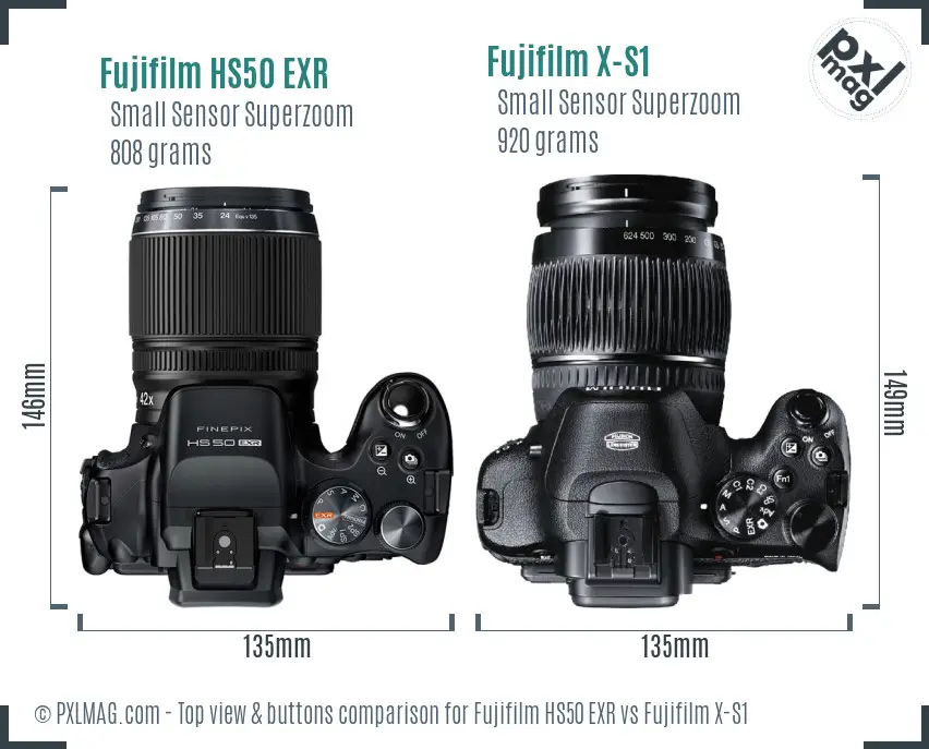 Fujifilm HS50 EXR vs Fujifilm X-S1 top view buttons comparison