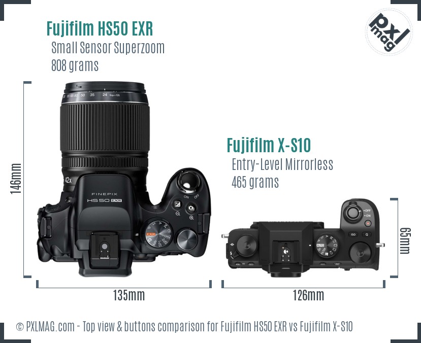 Fujifilm HS50 EXR vs Fujifilm X-S10 top view buttons comparison
