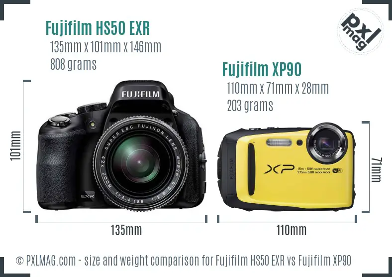 Fujifilm HS50 EXR vs Fujifilm XP90 size comparison