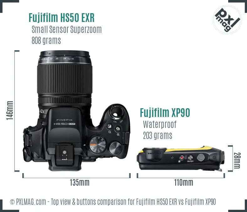 Fujifilm HS50 EXR vs Fujifilm XP90 top view buttons comparison