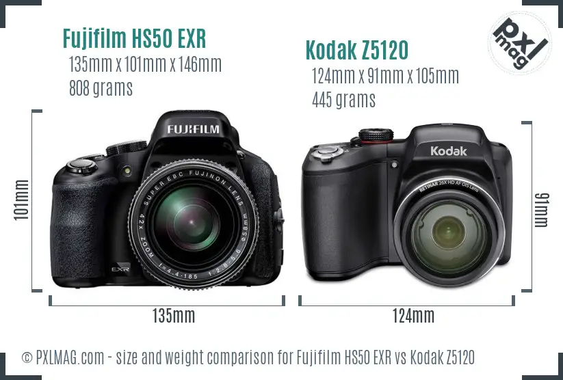 Fujifilm HS50 EXR vs Kodak Z5120 size comparison