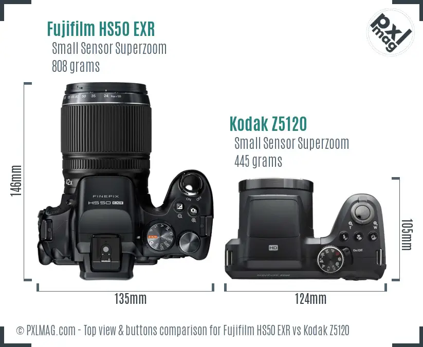 Fujifilm HS50 EXR vs Kodak Z5120 top view buttons comparison