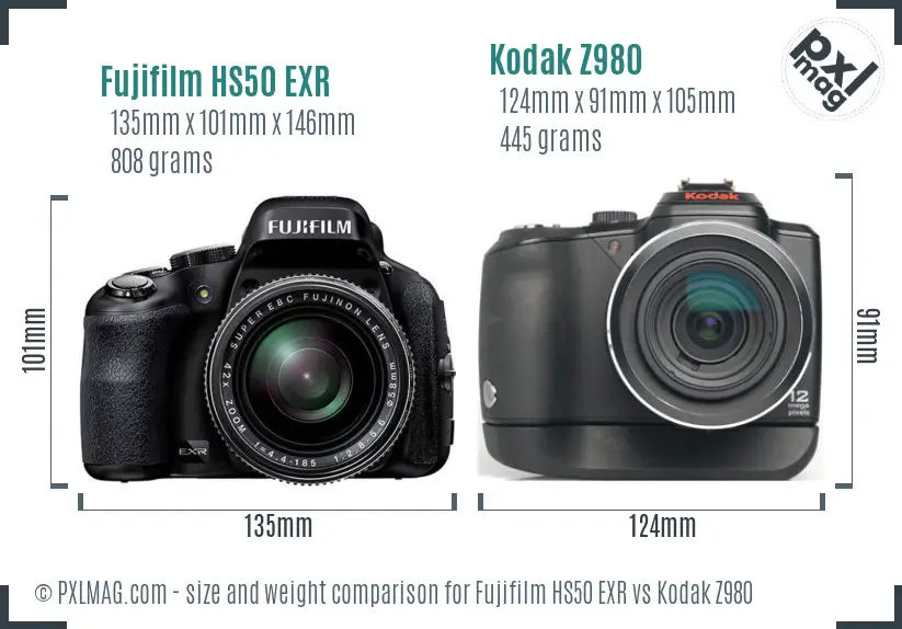 Fujifilm HS50 EXR vs Kodak Z980 size comparison