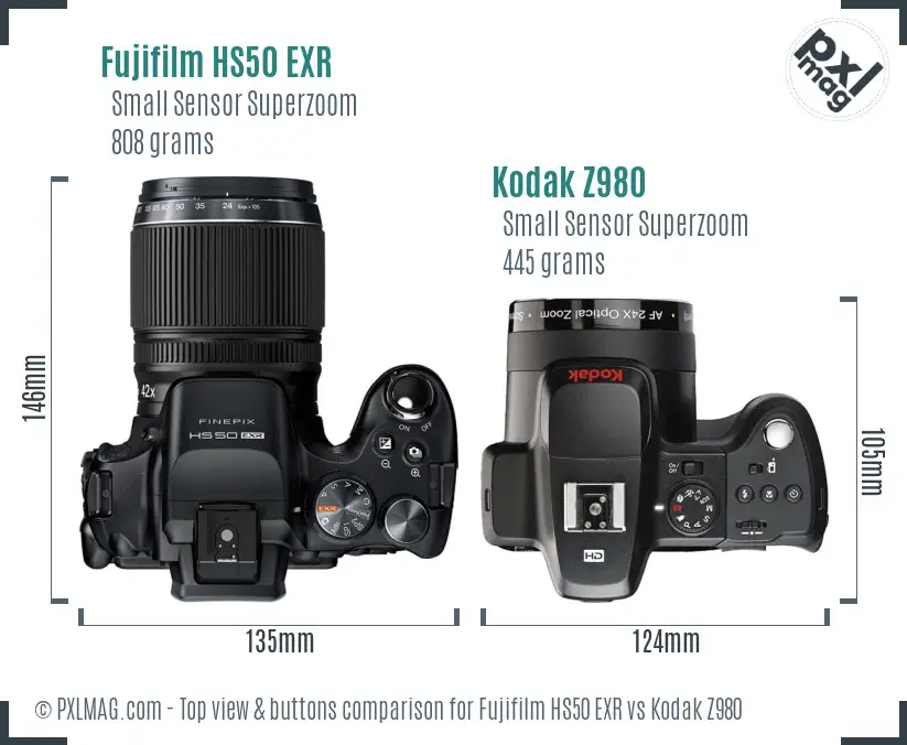 Fujifilm HS50 EXR vs Kodak Z980 top view buttons comparison