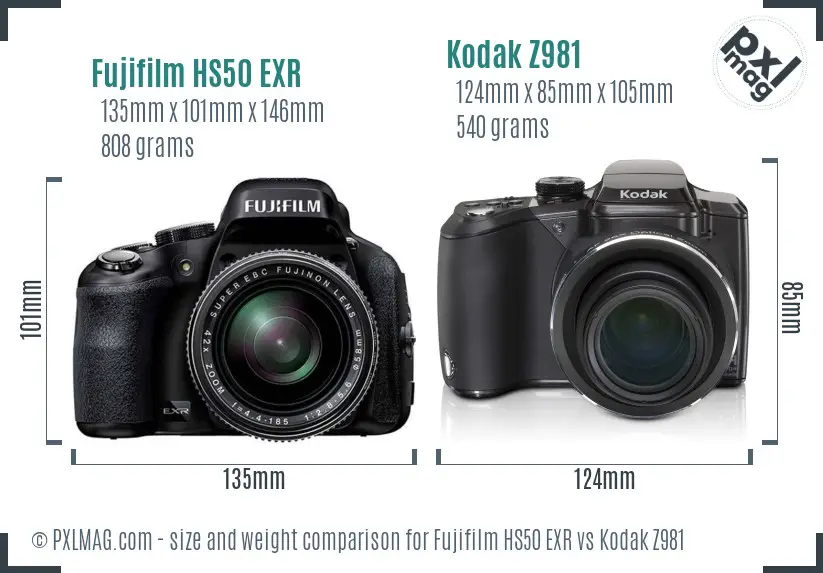 Fujifilm HS50 EXR vs Kodak Z981 size comparison