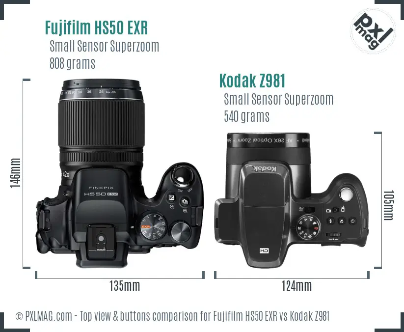 Fujifilm HS50 EXR vs Kodak Z981 top view buttons comparison