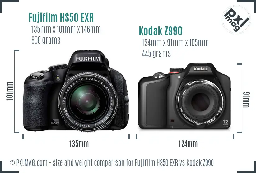 Fujifilm HS50 EXR vs Kodak Z990 size comparison