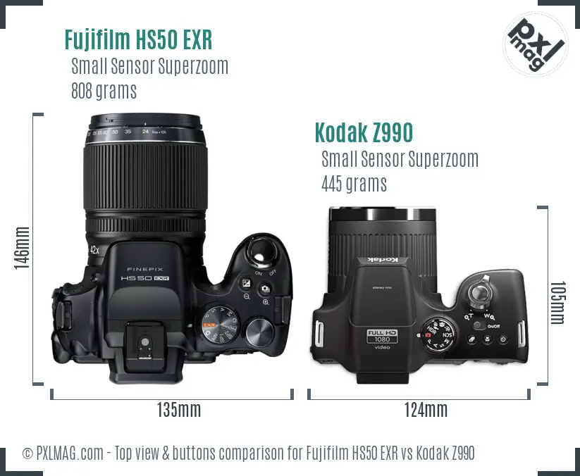 Fujifilm HS50 EXR vs Kodak Z990 top view buttons comparison