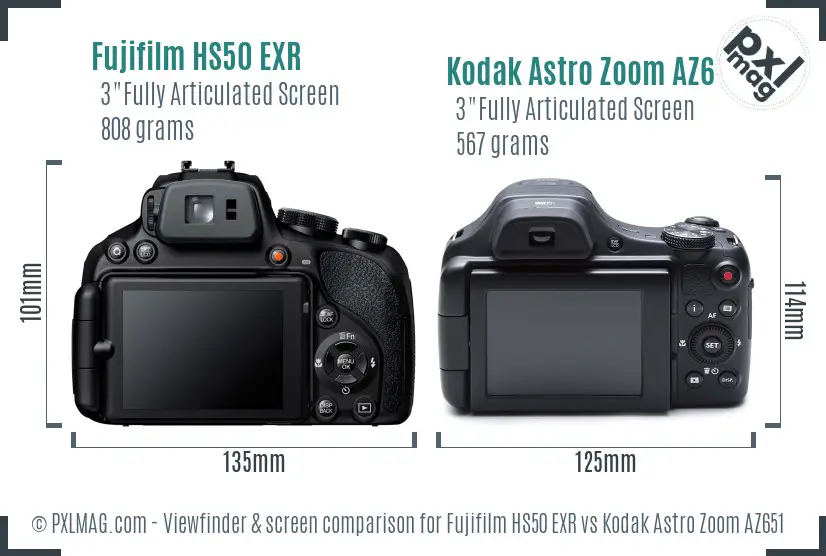 Fujifilm HS50 EXR vs Kodak Astro Zoom AZ651 Screen and Viewfinder comparison