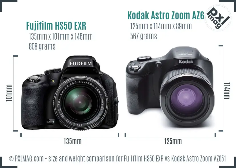 Fujifilm HS50 EXR vs Kodak Astro Zoom AZ651 size comparison