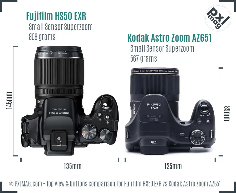 Fujifilm HS50 EXR vs Kodak Astro Zoom AZ651 top view buttons comparison