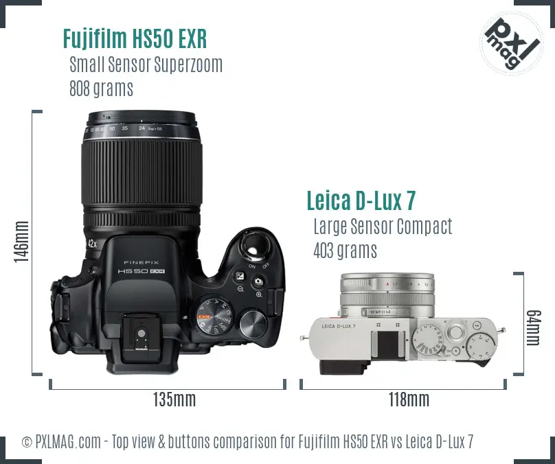 Fujifilm HS50 EXR vs Leica D-Lux 7 top view buttons comparison