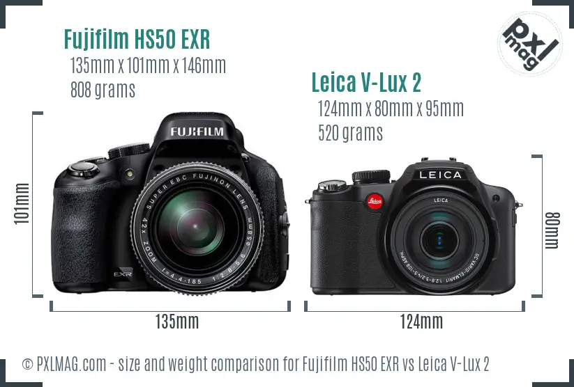 Fujifilm HS50 EXR vs Leica V-Lux 2 size comparison