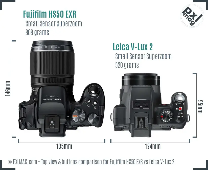 Fujifilm HS50 EXR vs Leica V-Lux 2 top view buttons comparison
