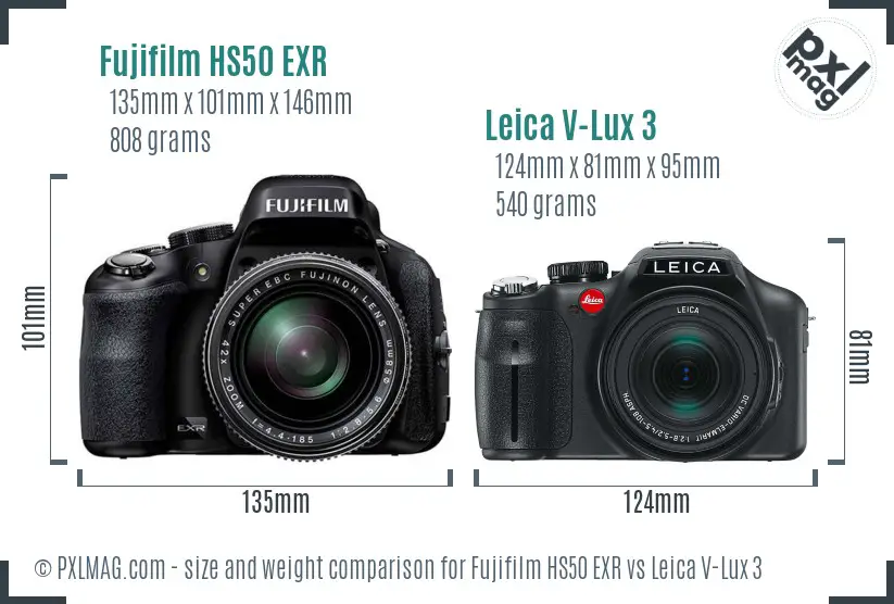 Fujifilm HS50 EXR vs Leica V-Lux 3 size comparison