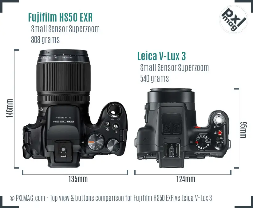 Fujifilm HS50 EXR vs Leica V-Lux 3 top view buttons comparison