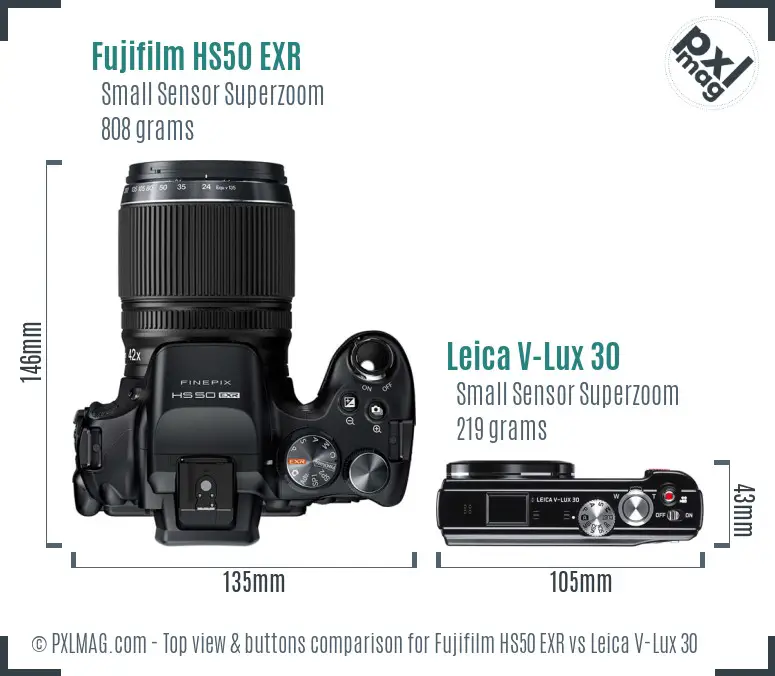 Fujifilm HS50 EXR vs Leica V-Lux 30 top view buttons comparison Fujifilm HS50 EXR vs Leica V-Lux 30 top view buttons comparison