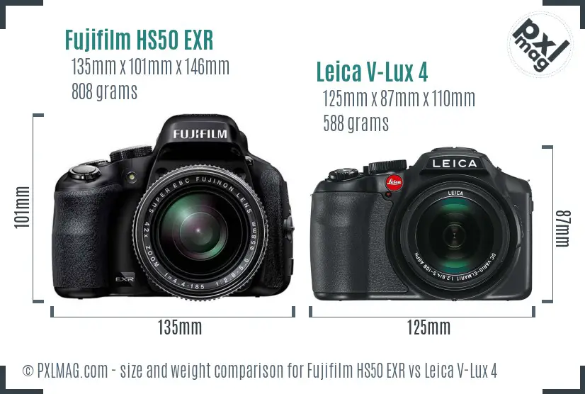 Fujifilm HS50 EXR vs Leica V-Lux 4 size comparison